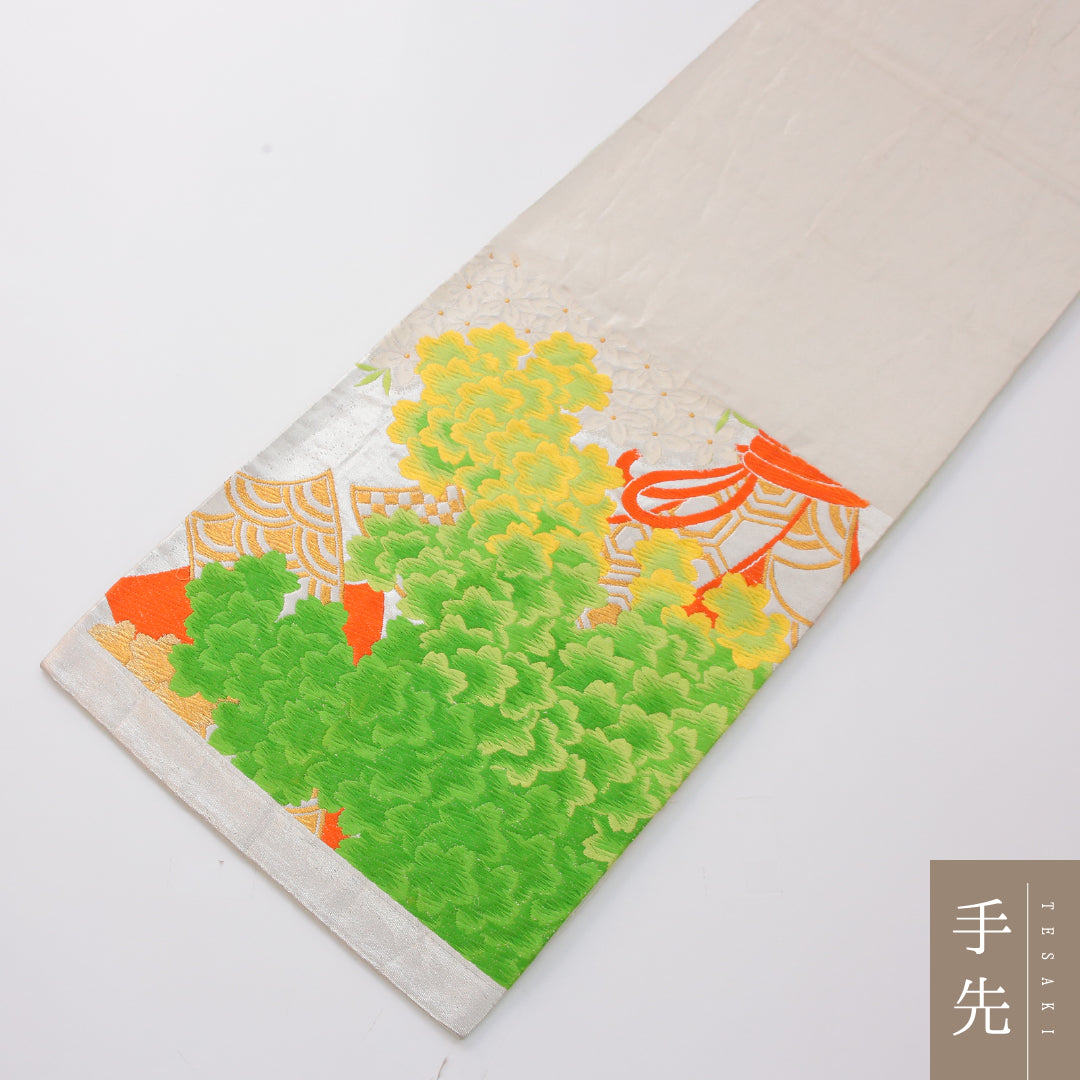 アンティーク 袋帯 帯丈416cm 六通 Aランク 正絹 唐織 古典柄 クリーム系 1223-02320