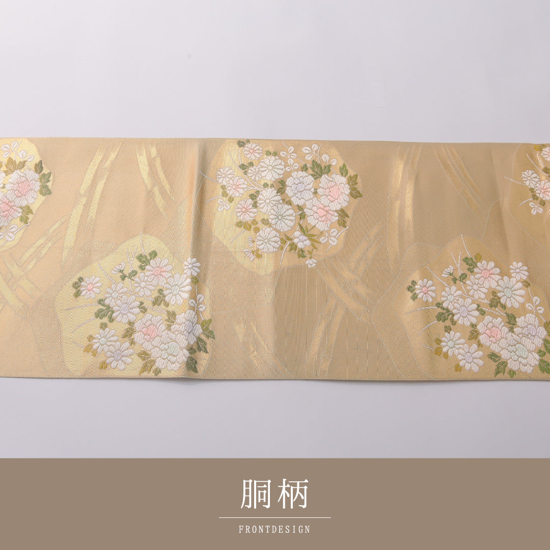 九寸名古屋帯 Aランク 帯丈348cm 正絹 六通 名古屋仕立て 織り セミフォーマル 光悦垣 菊 金系 RP 1245-03230