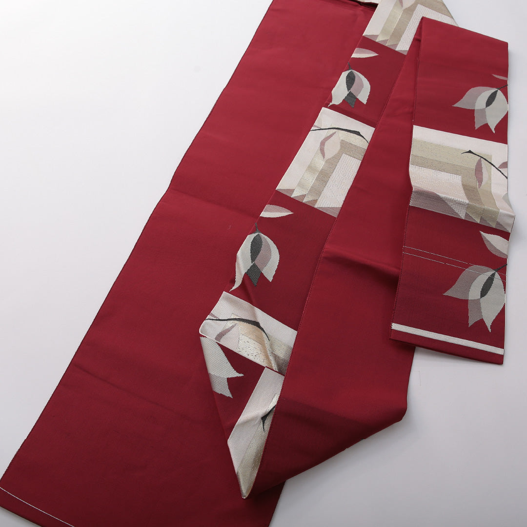 八寸名古屋帯 帯丈352cm セミフォーマル 名古屋仕立て 六通 帯芯なし Cランク 正絹 チューリップ 赤系 1224-03574