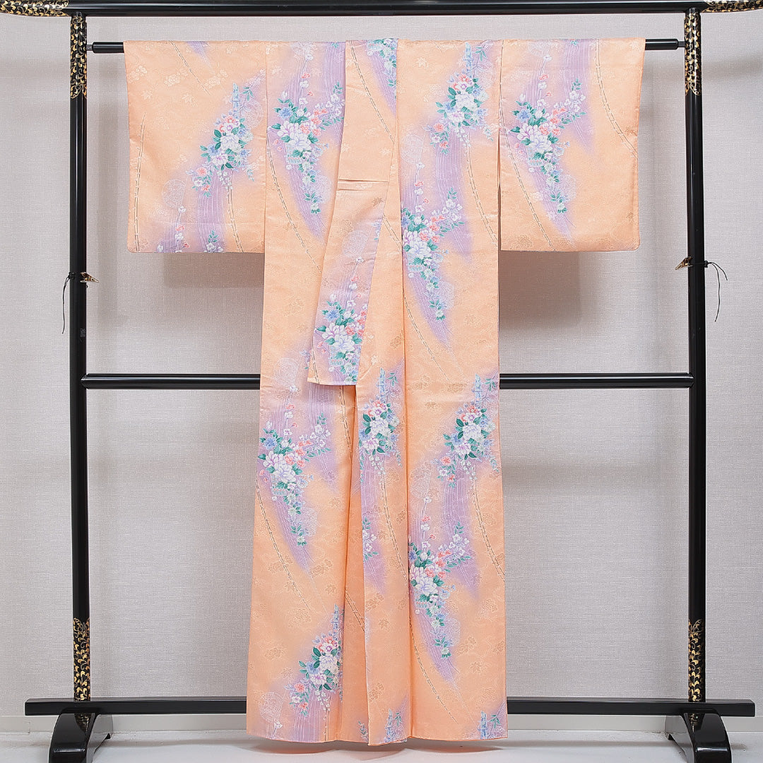 洗える着物 小紋 袷 身丈158cm 裄丈62cm ポリエステル Aランク インフォーマル 広衿 Mサイズ 雲取り 牡丹 朱系 RP 1221-16107