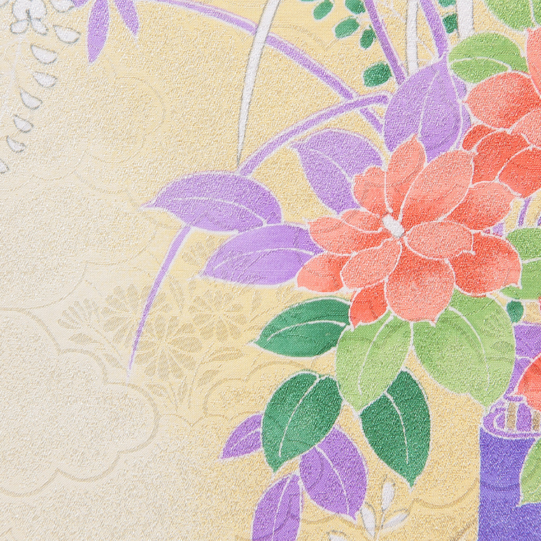 小紋 洗える着物 袷 身丈158cm 裄丈63cm ポリエステル Sランク Mサイズ 広衿 インフォーマル 椿 黄系 1215-15809