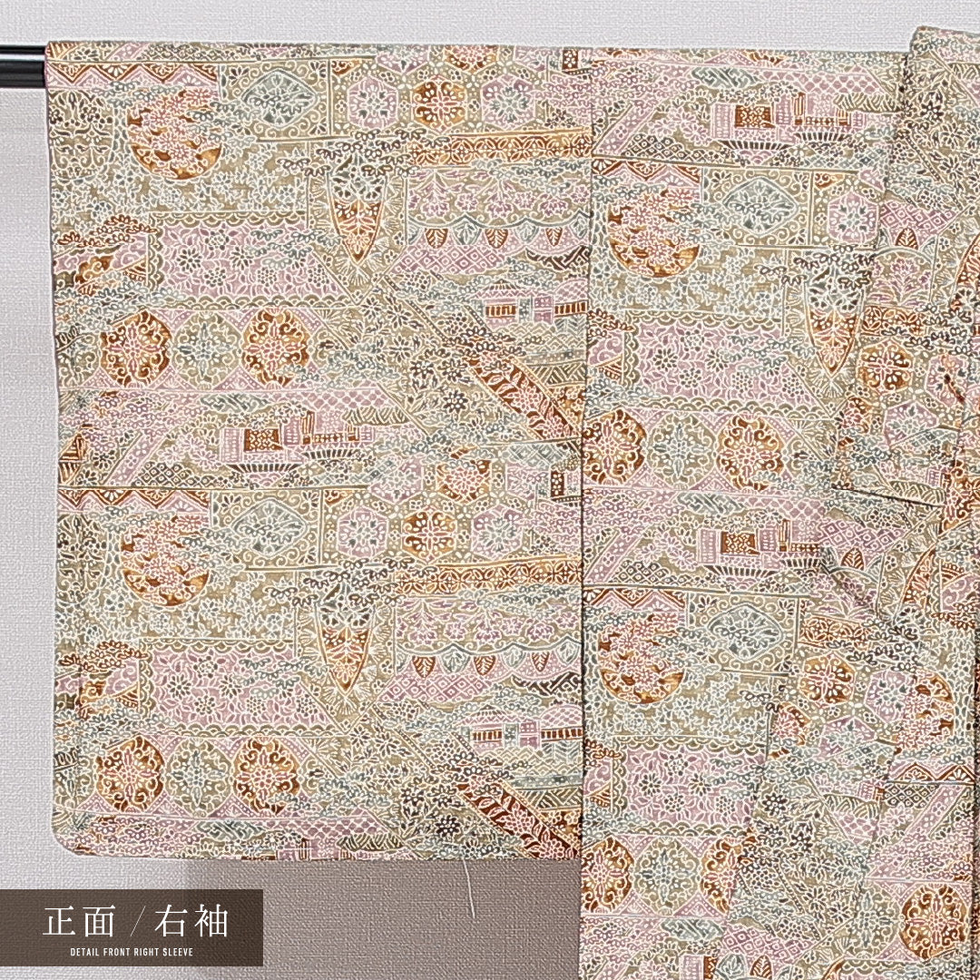 小紋 袷 身丈157cm 裄丈62cm 正絹 Cランク インフォーマル バチ衿 Mサイズ 染め紬 ぼかし染 創作柄 緑系 HP 1221-15557