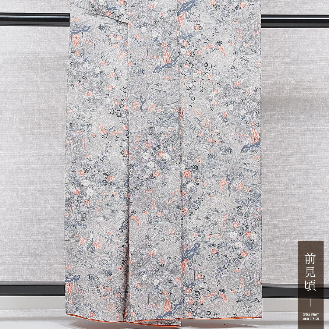 小紋 袷 身丈159cm 裄丈65cm 正絹 Aランク インフォーマル 広衿 Mサイズ 花喰鳥 梅 グレー系 RP 1221-15549