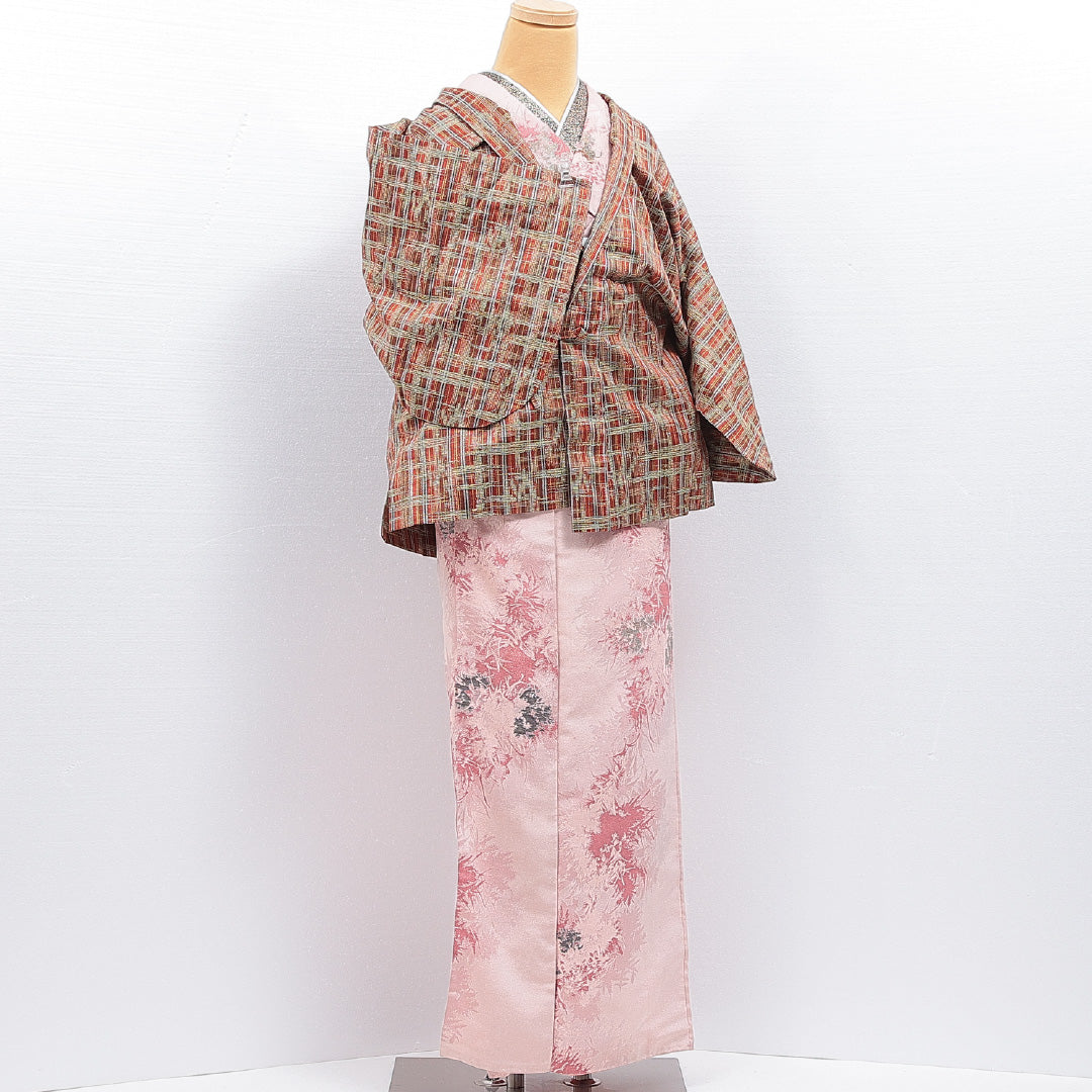道中着 袷 身丈73cm 裄丈62cm 正絹 Sランク カジュアル Sサイズ 格子 茶系 RP 1236-16444