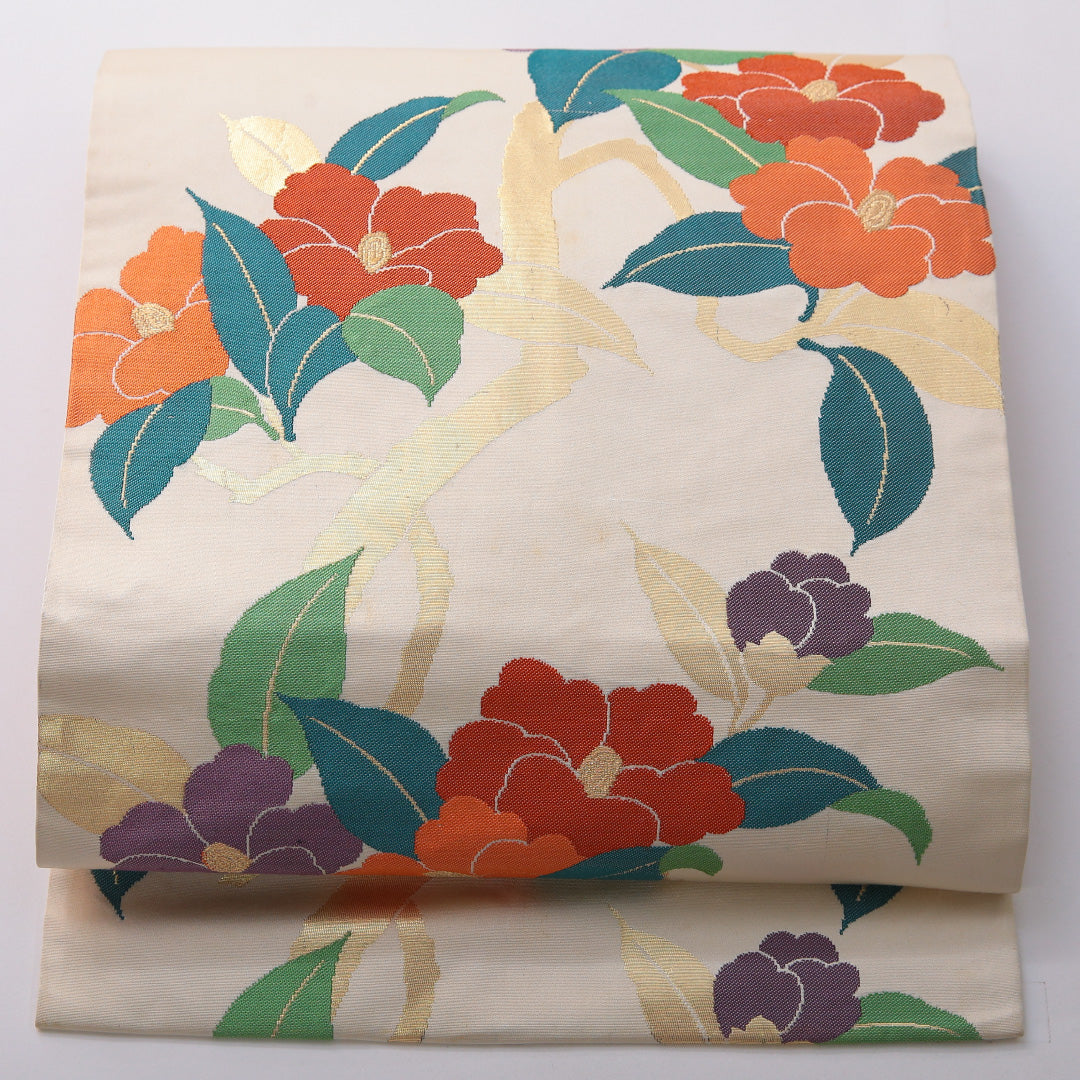 九寸名古屋帯 帯丈355cm カジュアル 名古屋仕立て 六通 Cランク 正絹 花柄 クリーム系 1224-03545