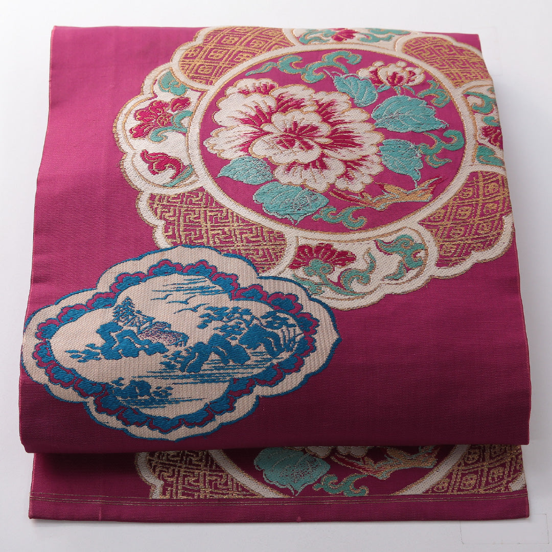 アンティーク 九寸名古屋帯 帯丈336cm 名古屋仕立て ポイント柄 Dランク 正絹 鏡裏文 紫系 赤系 1224-03809