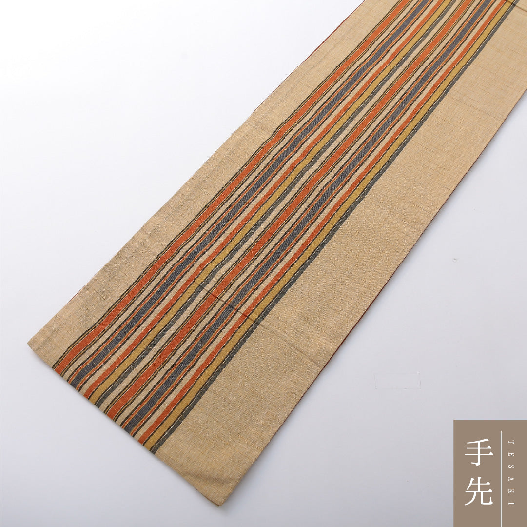 九寸名古屋帯 Sランク 帯丈352cm 正絹 全通 開き仕立て 織り カジュアル 紬 縞 ベージュ系 RP 1245-03706