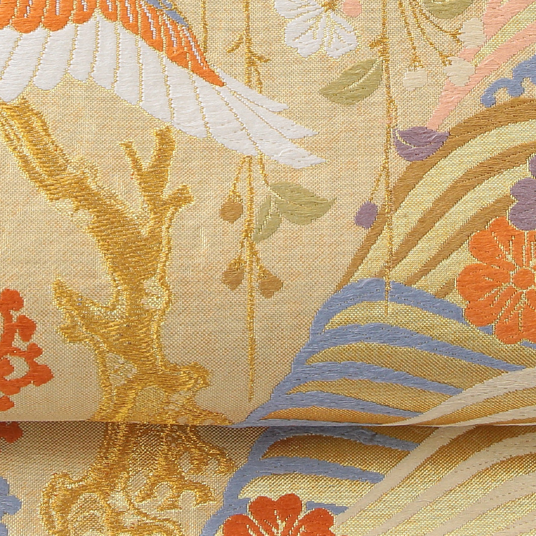 袋帯 帯丈444cm 正絹 六通 フォーマル 花喰鳥 蜀江 金系 1243-02184
