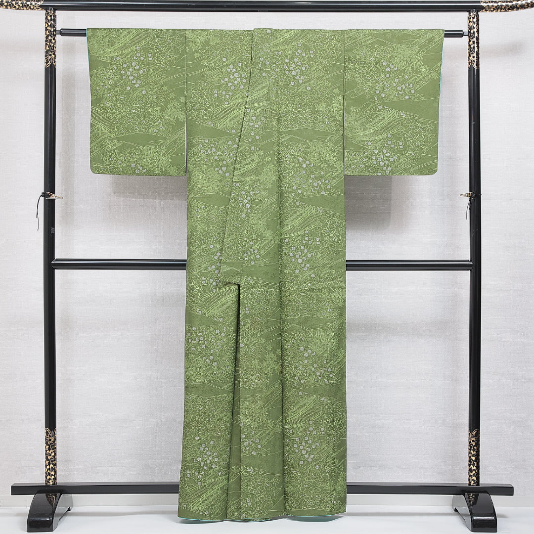 洗える着物 小紋 袷 身丈160cm 裄丈64cm ポリエステル Sランク インフォーマル バチ衿 Lサイズ 古典柄 緑系 RP 1221-16413