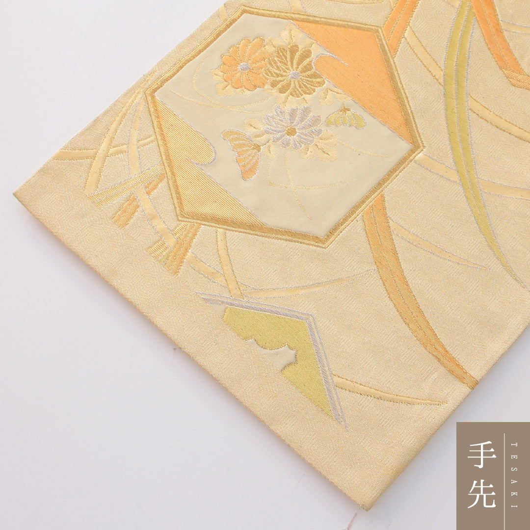 袋帯 帯丈416cm フォーマル 六通 Aランク 正絹 亀甲 菊 黄系 クリーム系 1223-02291
