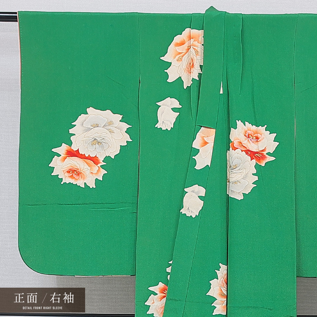 アンティーク 小紋 袷 身丈152cm 裄丈55cm 正絹 Cランク バチ衿 Sサイズ 金彩 薔薇 緑系 M4 1221-15494
