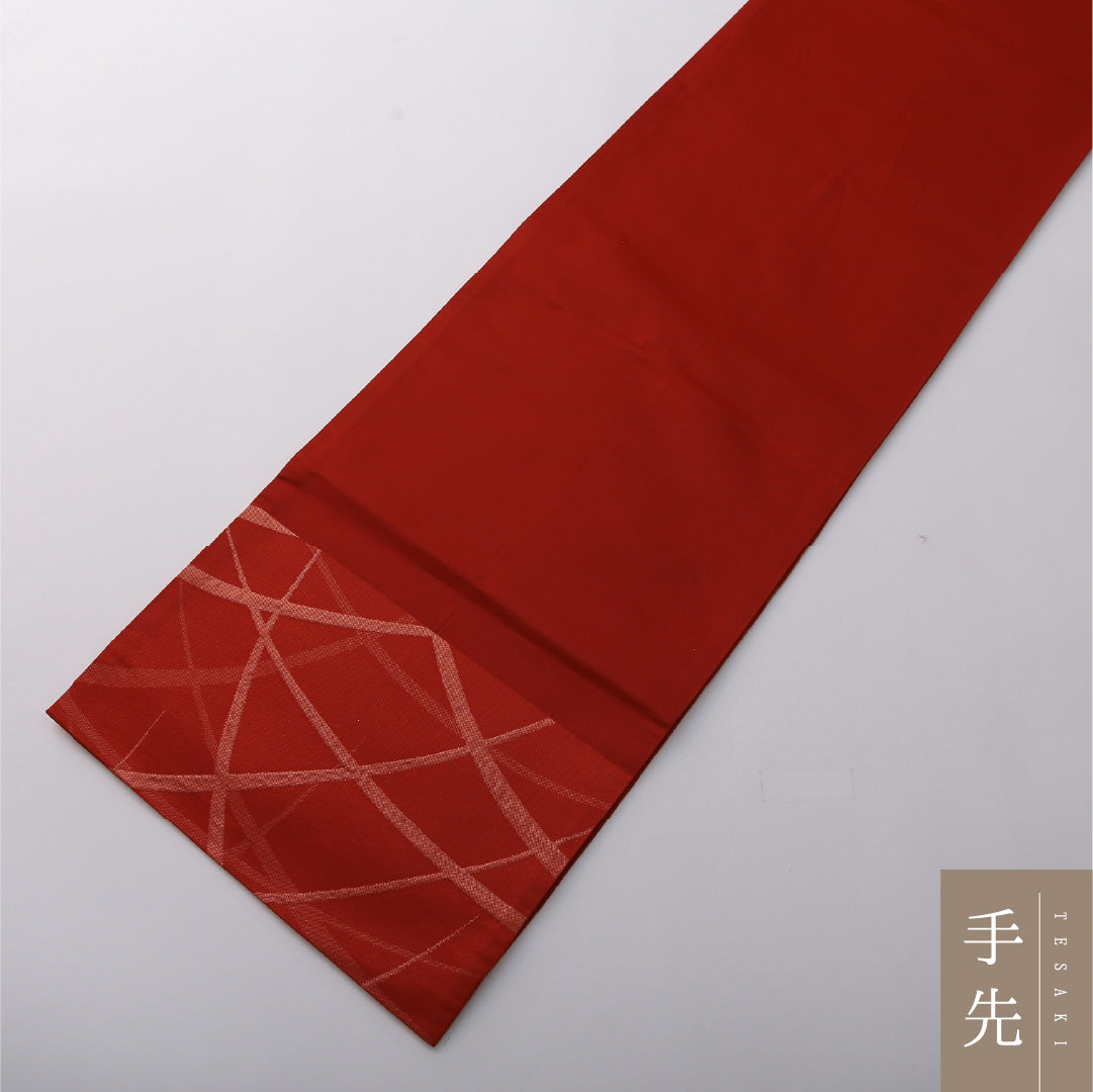 九寸名古屋帯 Aランク 帯丈354cm 正絹 六通 開き仕立て 織り インフォーマル 芝草 朱系 LP 1245-03353