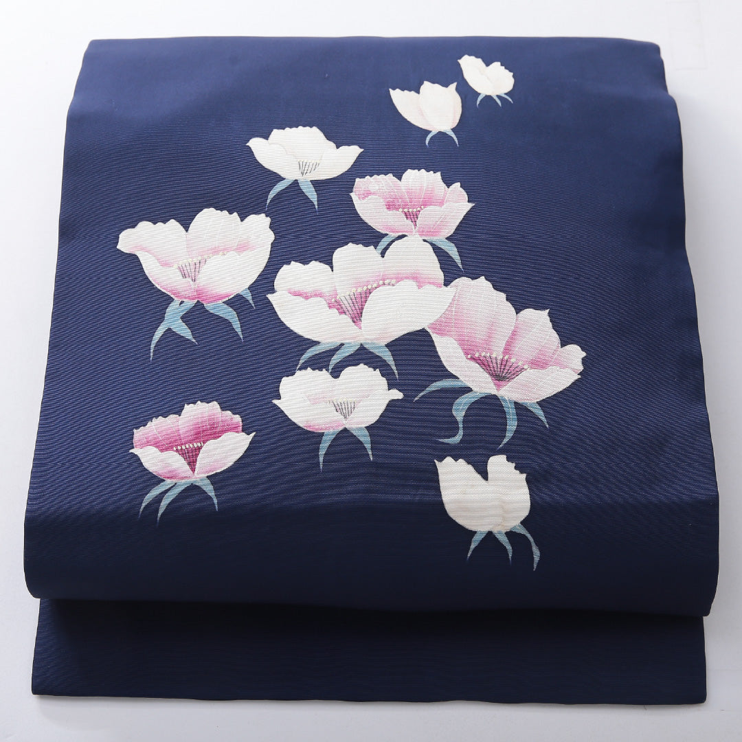 九寸名古屋帯 帯丈349cm インフォーマル 名古屋仕立て ポイント柄 Bランク 正絹 塩瀬 芙蓉 紺系 1224-03899