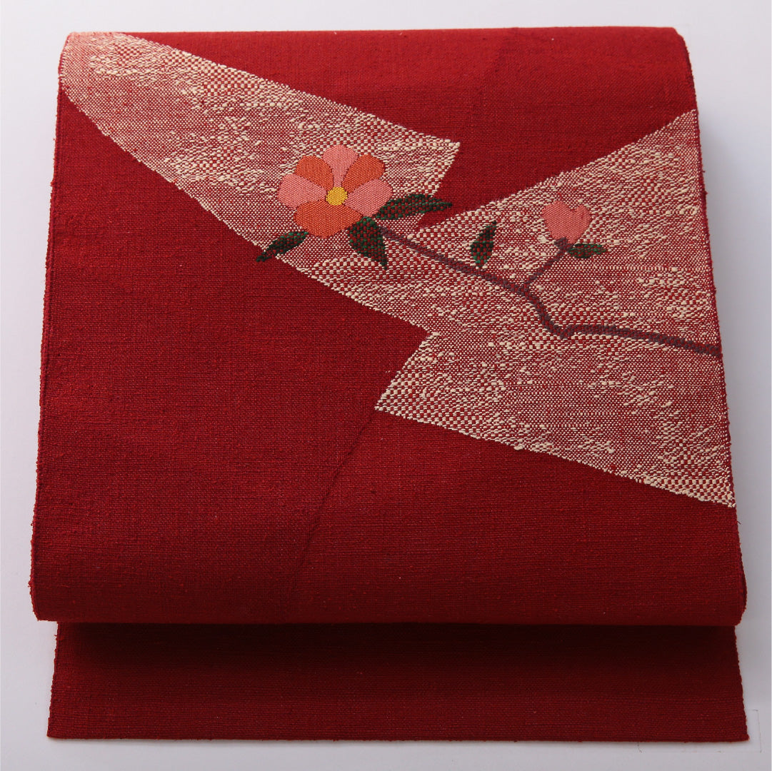 八寸名古屋帯 帯丈349cm カジュアル 松葉仕立て ポイント柄 Sランク 正絹 創作柄 赤系 1224-03622