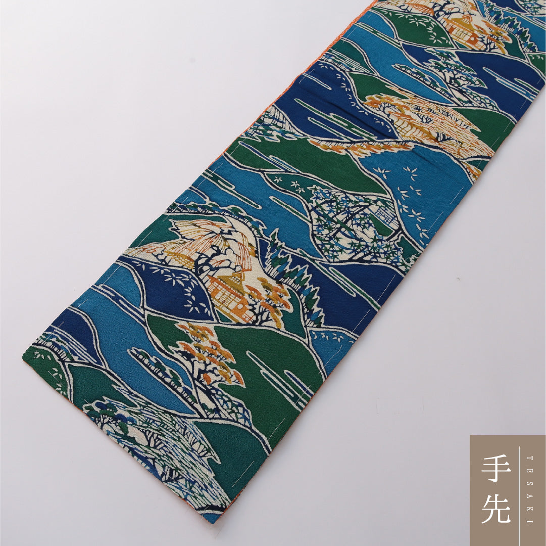 九寸名古屋帯 帯丈340cm カジュアル 開き仕立て 全通 Sランク 正絹 染め帯 ちりめん 茶屋辻 青系 多色系 1224-03211