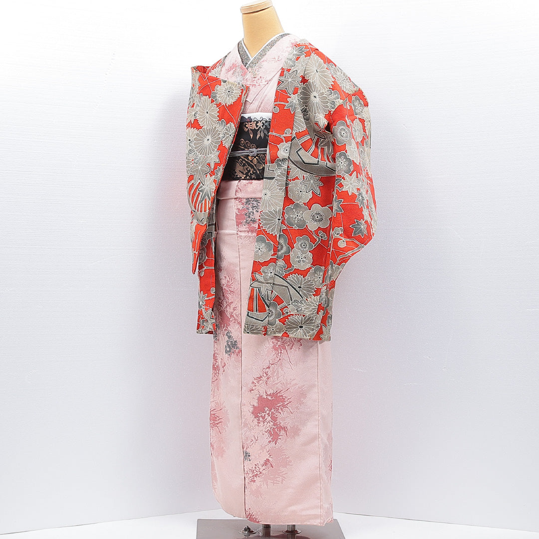 アンティーク 羽織 袷 身丈87cm 裄丈67cm 正絹 Bランク Mサイズ ちりめん 菊 赤系 1217-16813