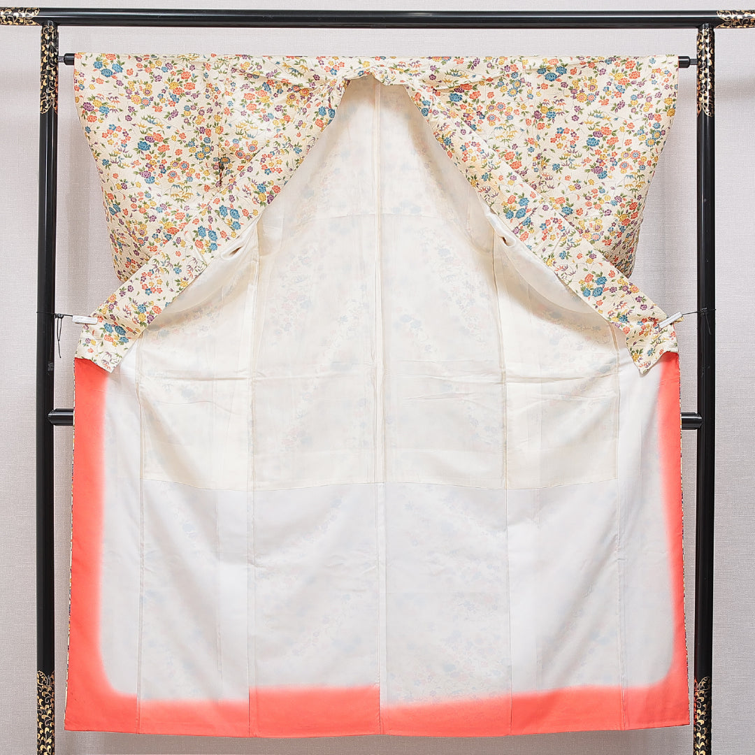 小紋 袷 身丈154cm 裄丈62cm 正絹 Cランク インフォーマル 広衿 Sサイズ 菊 牡丹 クリーム系 LP 1221-16023
