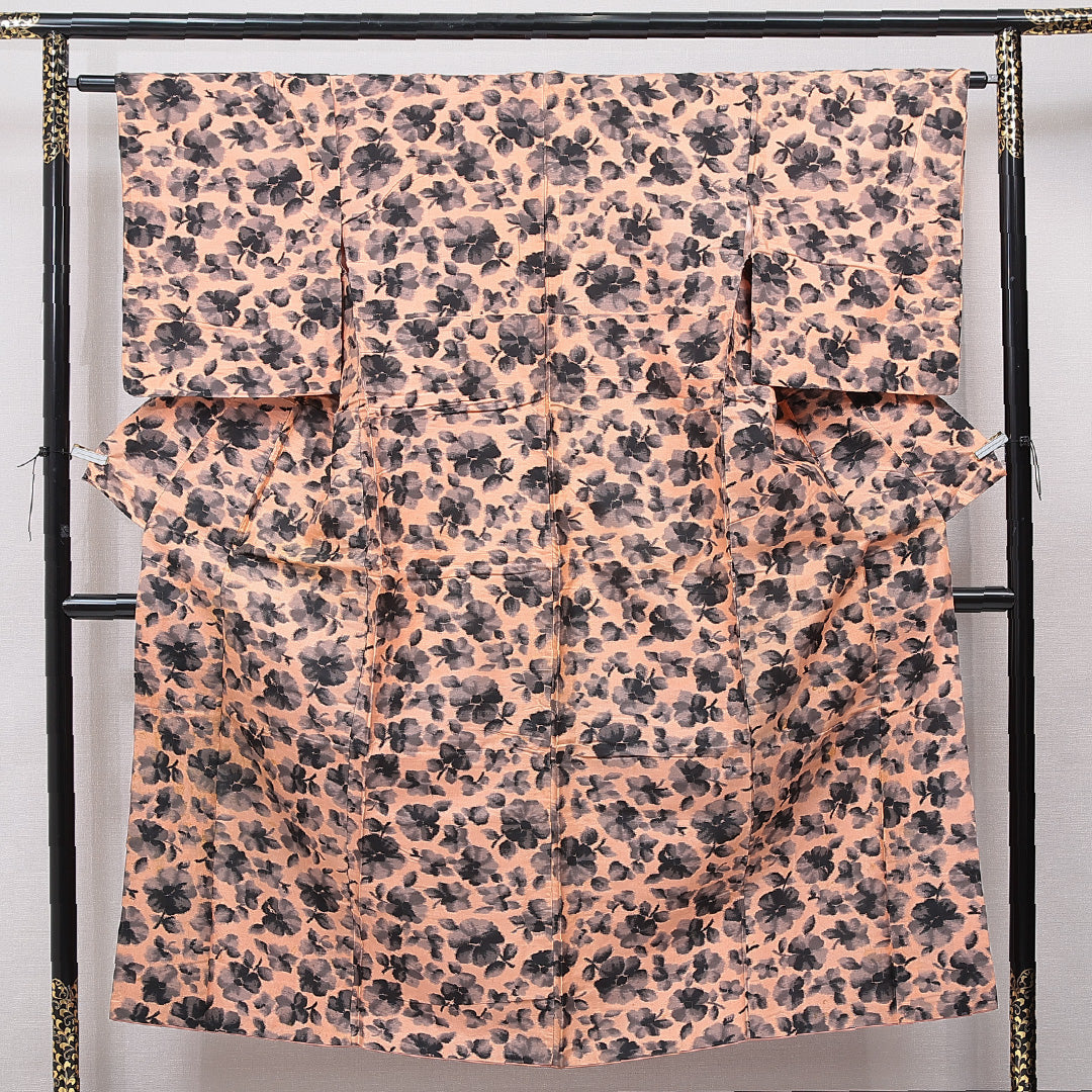 アンティーク 紬(銘仙) 袷 身丈150cm 裄丈62cm 正絹 Cランク Sサイズ 広衿 花柄 朱系 1216-15682