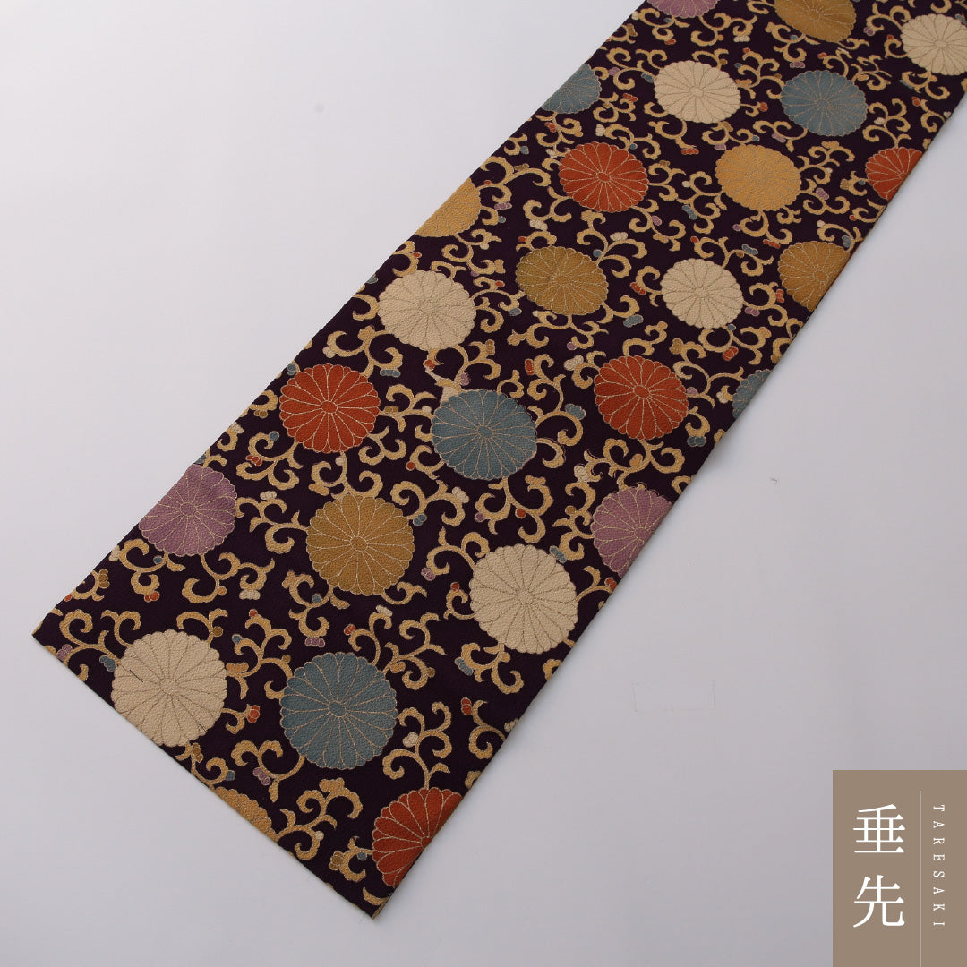 九寸名古屋帯 帯丈339cm インフォーマル 名古屋仕立て 全通 Sランク 正絹 染め帯 ちりめん 唐菊 紫系 1224-03214