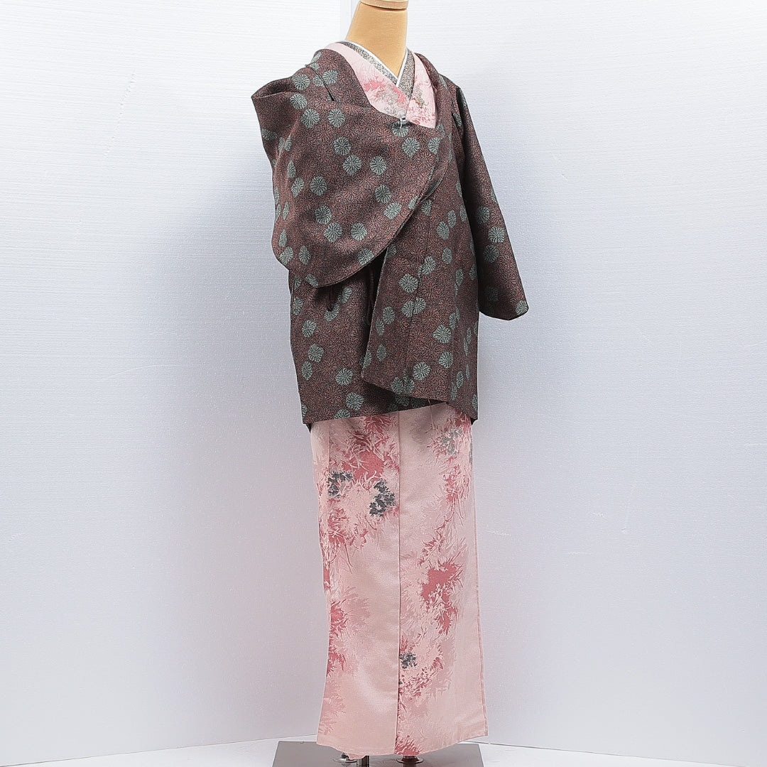 道中着(紬) 袷 身丈70cm 裄丈63cm 正絹 Sランク Sサイズ カジュアル 創作柄 茶系 1264-16152