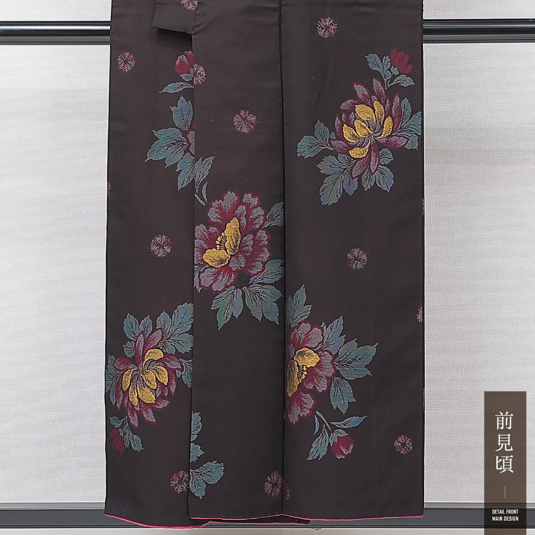 アンティーク お召 袷 身丈151cm 裄丈62cm 正絹 Bランク バチ衿 Sサイズ 花柄 茶系 M4 1222-15145