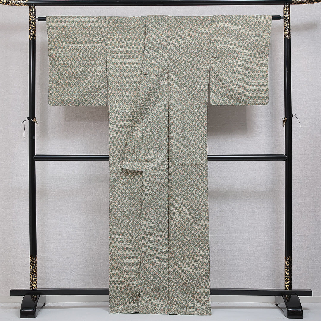 洗える着物 小紋 袷 身丈165cm 裄丈65cm ポリエステル Sランク インフォーマル 広衿 XLサイズ 扇 唐笠 緑系 RP 1221-16076