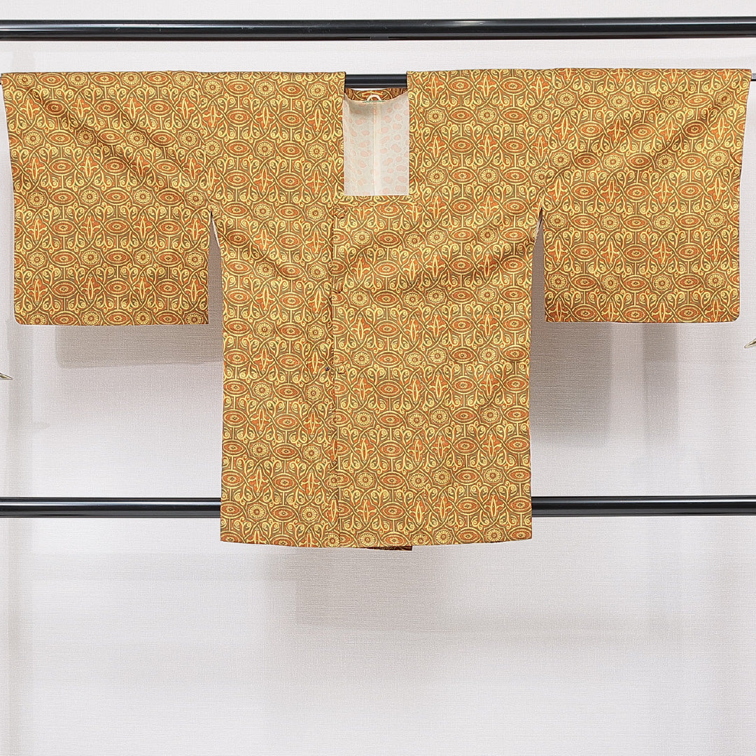 道行コート 袷 身丈86cm 裄丈46cm 正絹 Aランク Sサイズ フォーマル ポケットあり 菊 黄系 朱系 1263-15126