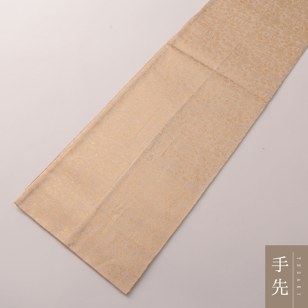 袋帯 帯丈448cm セミフォーマル ポイント柄 未仕立て 帯芯なし Aランク 正絹 唐草 クリーム系 朱系 1223-01888
