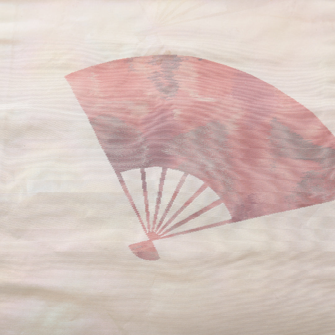 九寸名古屋帯 帯丈355cm セミフォーマル 名古屋仕立て ポイント柄 Bランク 正絹 引箔 扇 クリーム系 1224-03906