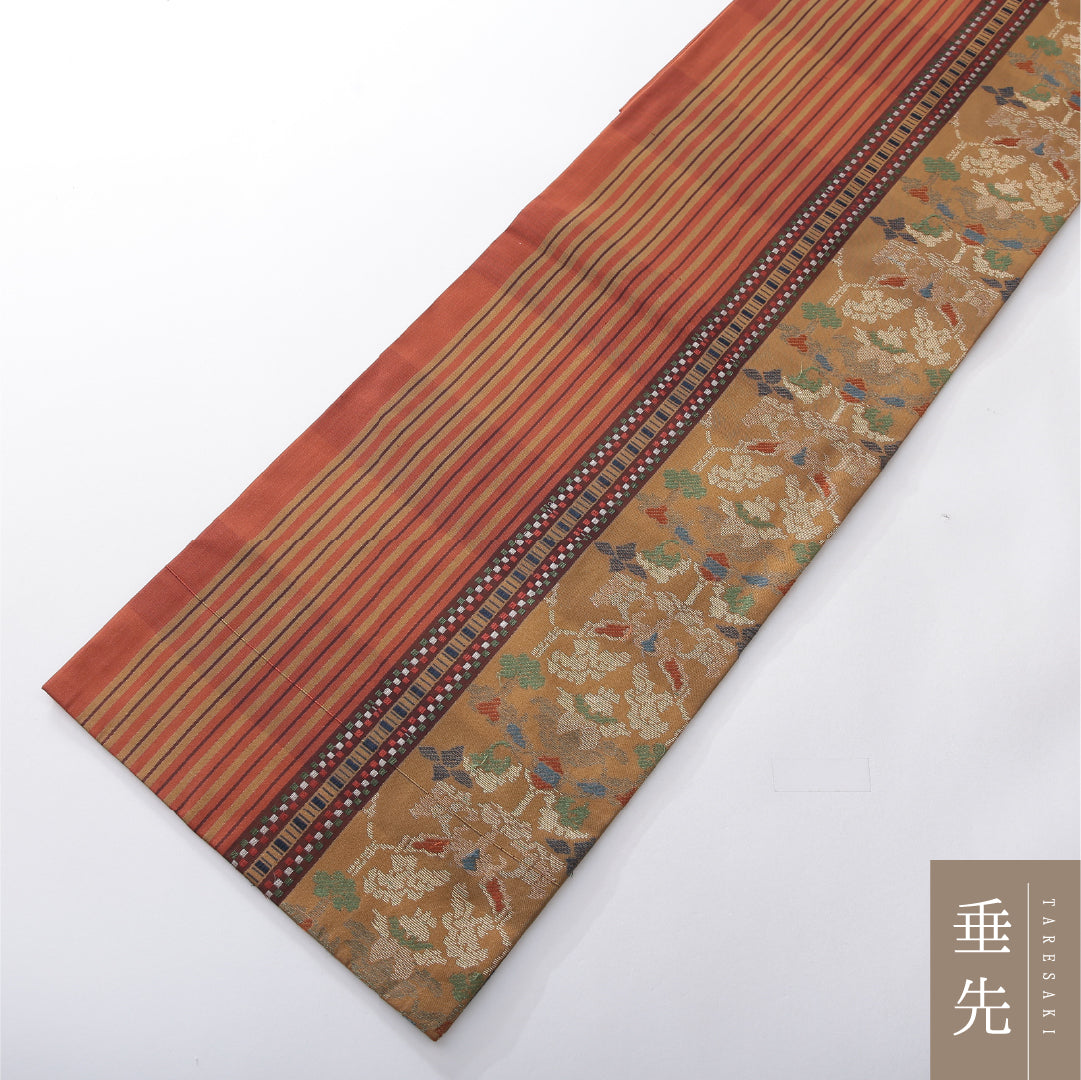 九寸名古屋帯 帯丈350cm インフォーマル 開き仕立て 六通 Aランク 正絹 花柄 縞 多色系 1224-03904