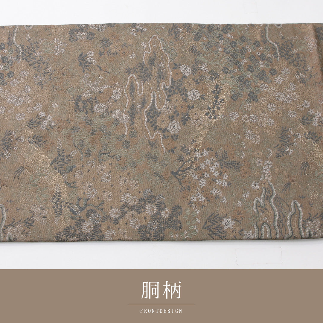 アンティーク 丸帯 帯丈444cm 全通 Aランク 正絹 古典柄 緑系 1223-02224