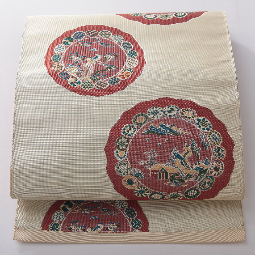 八寸名古屋帯 帯丈364cm カジュアル 松葉仕立て 六通 Cランク 正絹 丸文 クリーム系 1224-03835