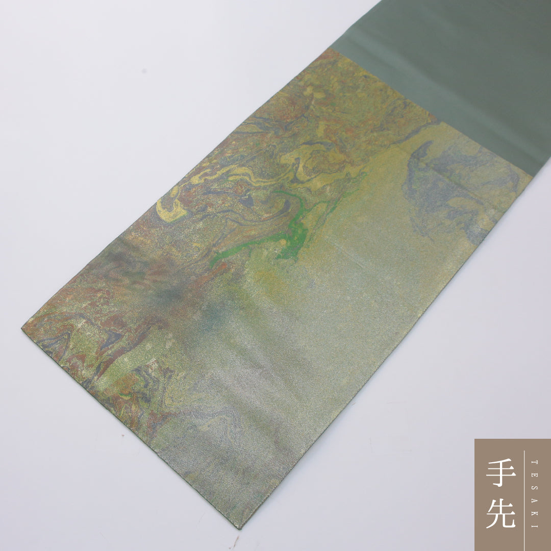 袋帯 帯丈448cm セミフォーマル 六通 帯芯なし Sランク 正絹 引箔 墨流し 緑系 金系 1223-02332