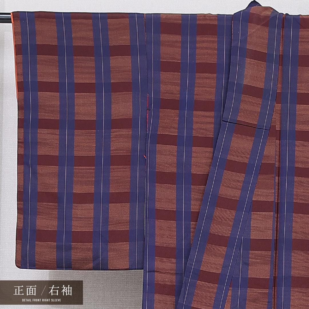 アンティーク 小紋 袷 身丈155cm 裄丈63cm 正絹 Dランク Mサイズ 広衿 格子 茶系 青系 1215-15576