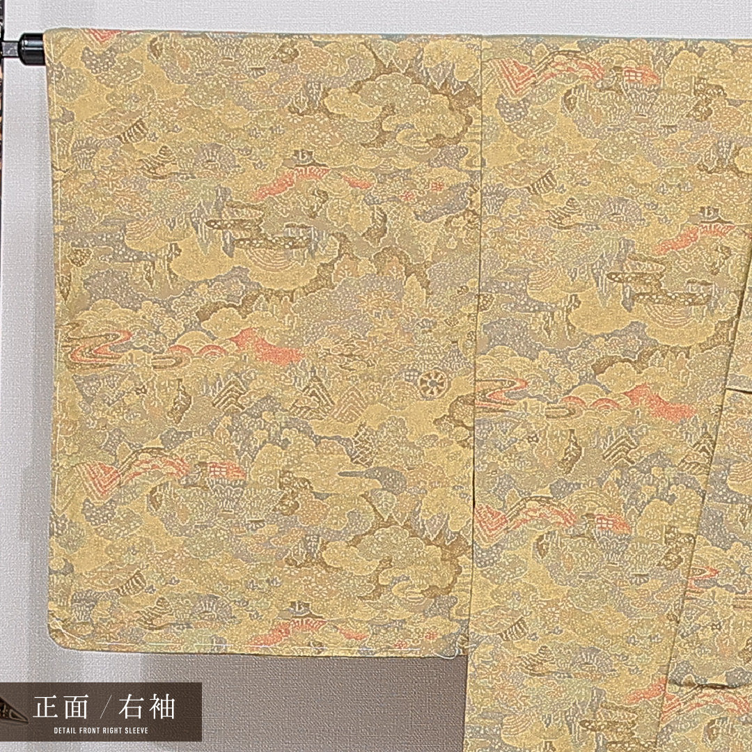 紬 袷 身丈156cm 裄丈64cm 正絹 Sランク カジュアル 広衿 Mサイズ 風景柄 緑系 RP 1223-15472