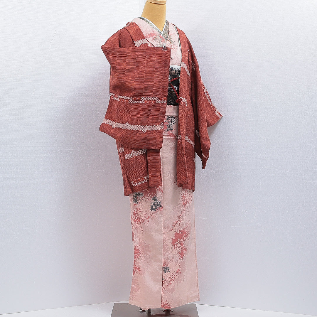 羽織 袷 身丈83cm 裄丈65cm 正絹 Sランク カジュアル Mサイズ 部分絞り 創作柄 茶系 RP 1232-16188