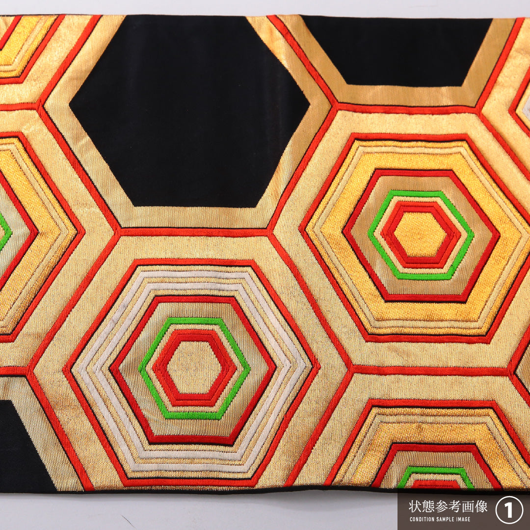 アンティーク 袋帯 帯丈424cm 六通 Aランク 正絹 亀甲 黒系 1223-01999