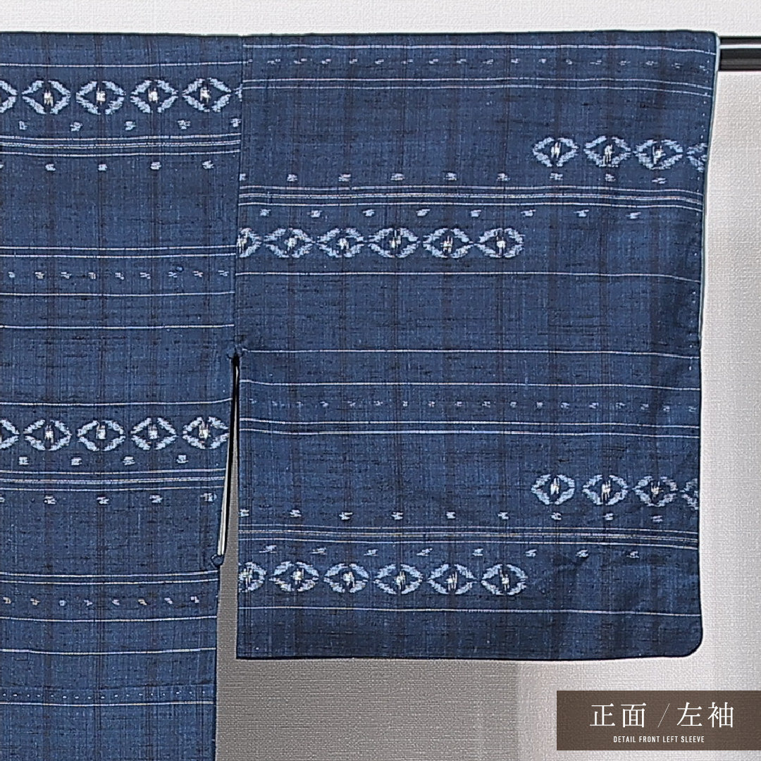 真綿紬 袷 身丈150cm 裄丈63cm 正絹 Sランク カジュアル バチ衿 Sサイズ 格子 創作柄 紺系 RP 1223-15094
