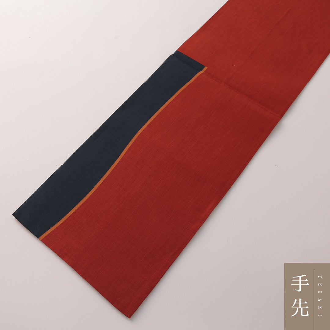 袋帯(紬) 帯丈428cm 正絹 六通 カジュアル 抽象柄 朱系 紺系 1243-01879