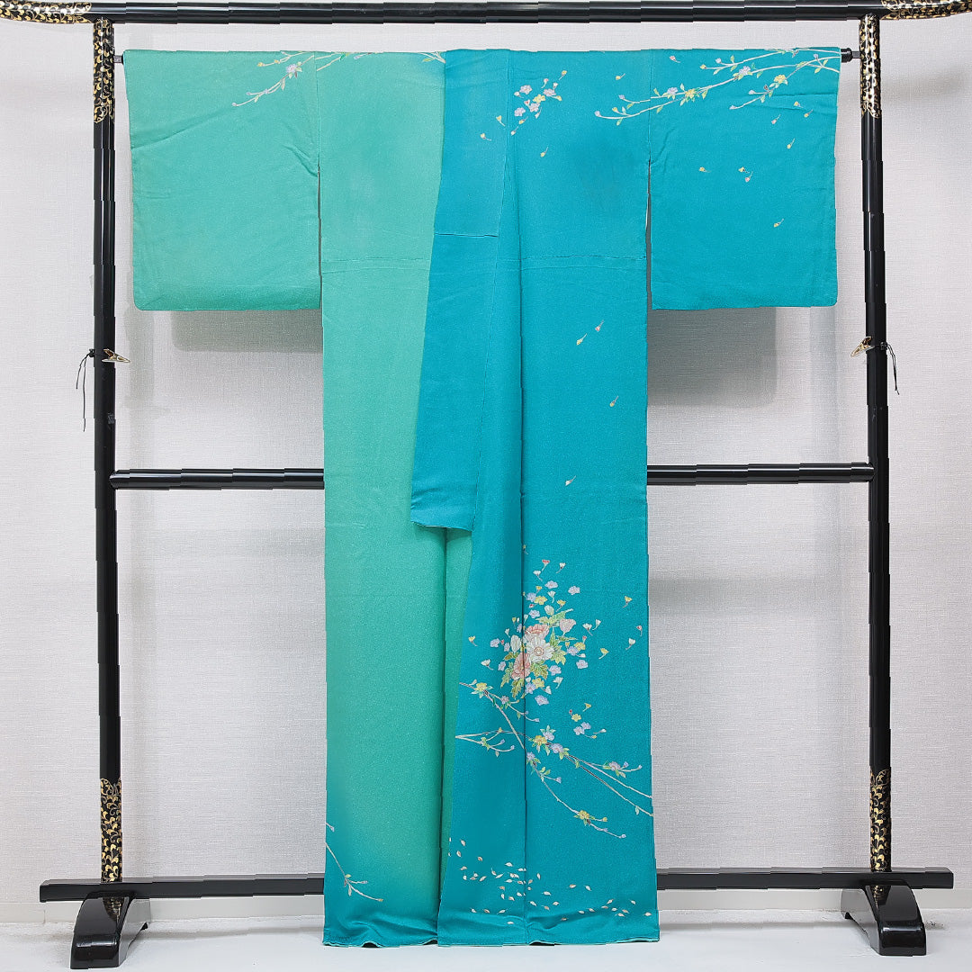 訪問着 洗える着物 袷 身丈163cm 裄丈67cm ポリエステル Cランク Lサイズ 広衿 セミフォーマル 牡丹 青系 緑系 1212-15678