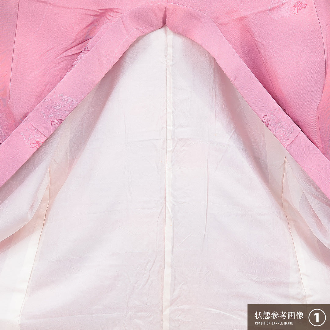 色無地 袷 身丈154cm 裄丈62cm 正絹 Sランク 紋意匠 (花柄) インフォーマル バチ衿 Sサイズ ぼかし染 ピンク系 RP 1219-15574