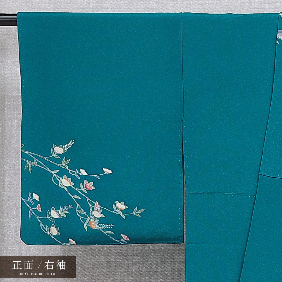 訪問着 洗える着物 袷 身丈156cm 裄丈65cm ポリエステル Sランク Mサイズ 広衿 セミフォーマル 流水 橘 金駒刺繍 緑系 青系 1212-16086