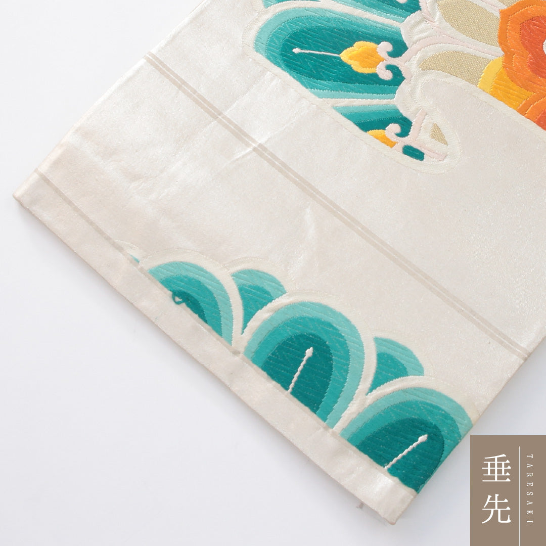 袋帯 帯丈428cm 正絹 六通 フォーマル 唐織 宝相華 白系 1243-02254