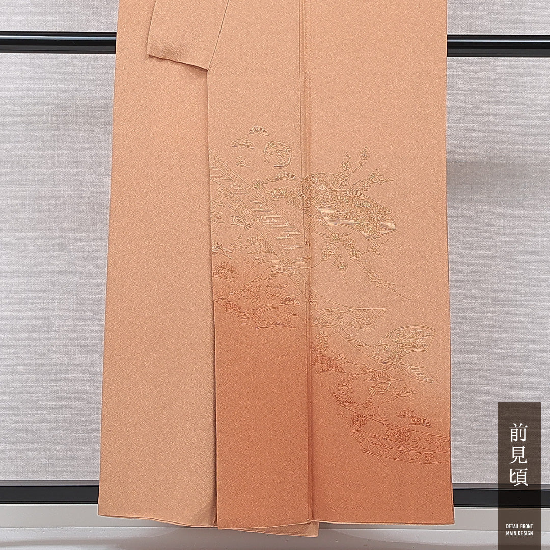 訪問着 身丈155cm 裄丈62cm 正絹 Sランク Mサイズ 広衿 一つ紋(五三桐) セミフォーマル 吉祥文様 刺繍 茶系 1212-15491