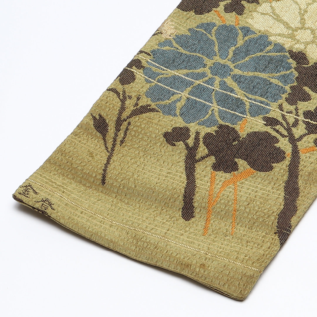 アンティーク 半幅帯 帯丈360cm カジュアル 小袋帯 六通 Bランク 正絹 菊 緑系 1225-00631