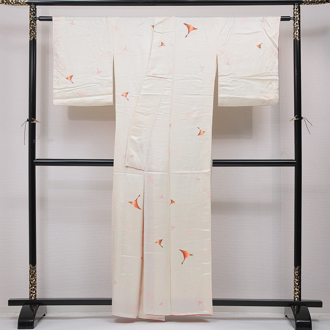 小紋 袷 身丈158cm 裄丈64cm 正絹 Cランク 紋意匠 (網代文様) インフォーマル 広衿 Mサイズ 金彩 銀杏 クリーム系 HP 1221-15751