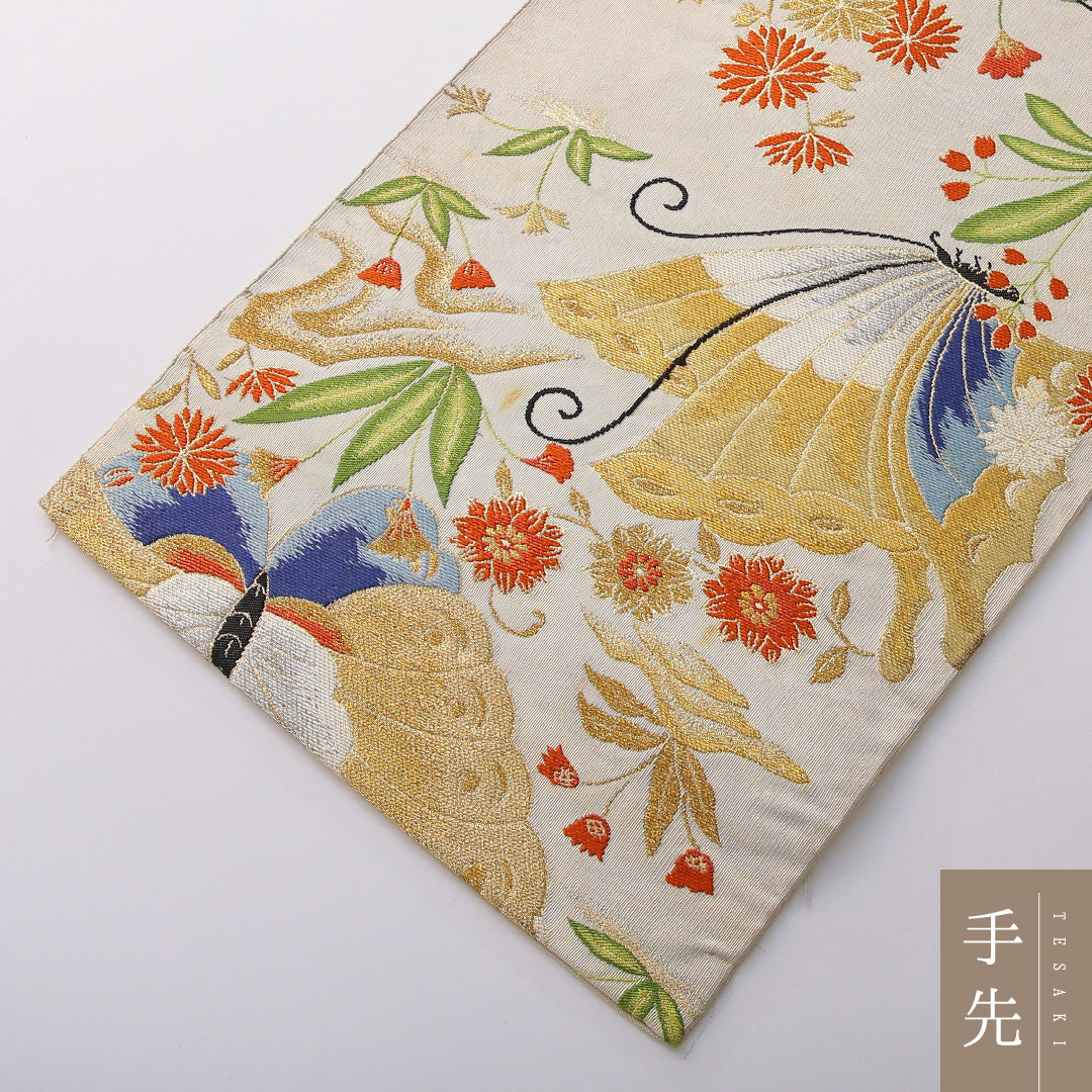 袋帯 帯丈428cm 正絹 六通 フォーマル 蝶 吉祥文様 クリーム系 1243-02049