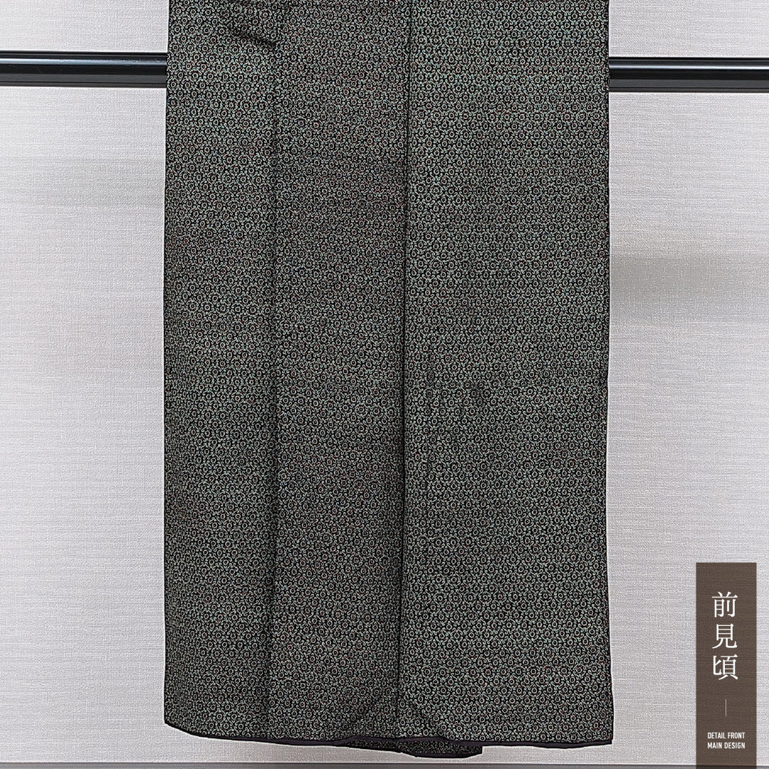 アンティーク 小紋 袷 身丈148cm 裄丈60cm 正絹 Cランク XSサイズ バチ衿 創作柄 緑系 1215-15684