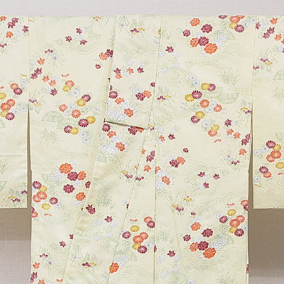 小紋 洗える着物 袷 身丈150cm 裄丈65cm ポリエステル Cランク Sサイズ 広衿 インフォーマル 流水 牡丹 クリーム系 1215-15834