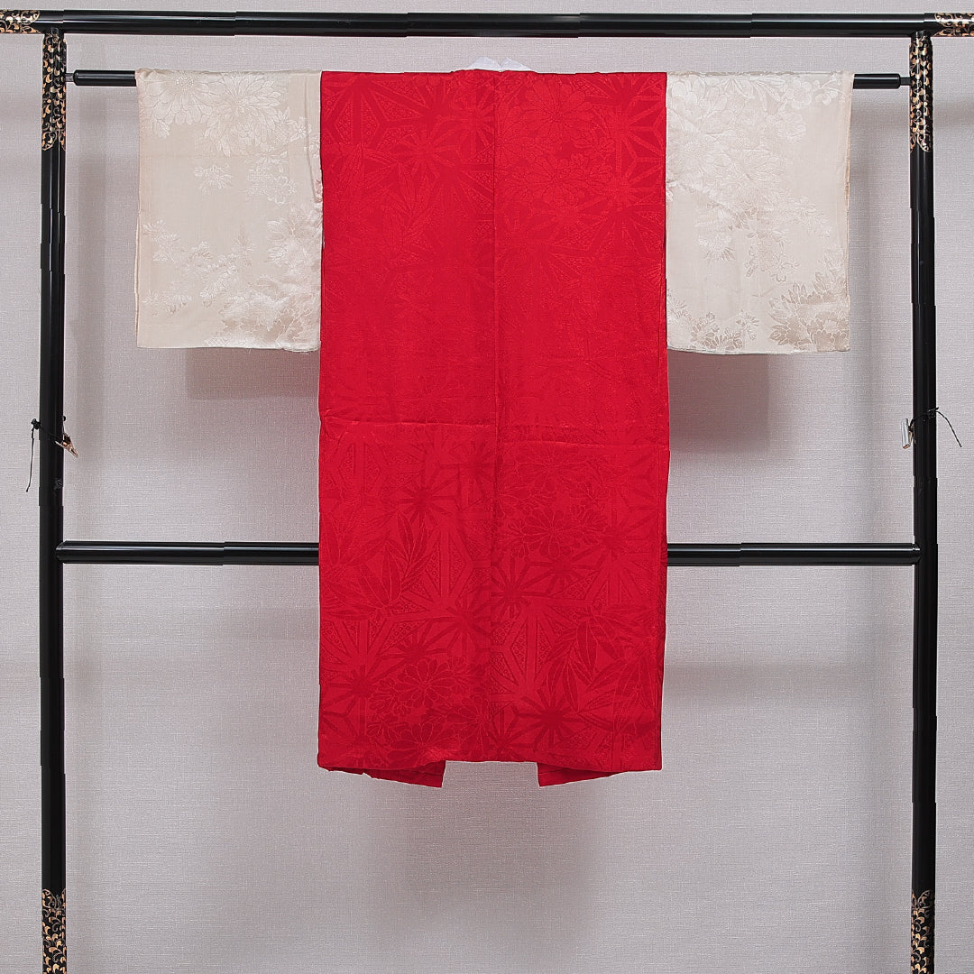 アンティーク 長襦袢 無双袖 身丈114cm 裄丈58cm 正絹 Aランク XSサイズ 菊 赤系 1229-16491